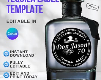 Szablon spersonalizowanej etykiety na tequilę: Upominek na przyjęcie urodzinowe, wieczór panieński i wesele, rocznica, drużba, święto (Canva Digital Download) 750 ml