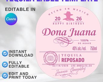 Personalizowana etykieta na tequilę w kolorze różowym: upominek na przyjęcie urodzinowe, wieczór panieński, rocznica, drużba, prezent świąteczny (Canva, do pobrania w wersji cyfrowej) 3 rozmiary