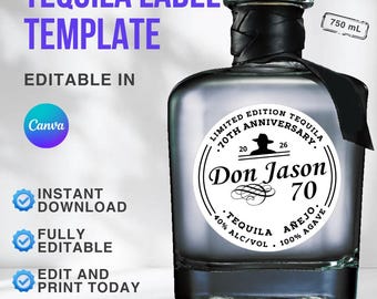 Szablon spersonalizowanej etykiety na tequilę: Upominek na przyjęcie urodzinowe, wieczór panieński i wesele, rocznica, drużba, święto (Canva Digital Download) 750 ml