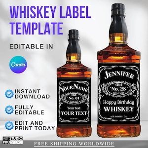 Peut inclure: Deux bouteilles de whisky avec des étiquettes noires. Les étiquettes indiquent "Whiskey Label Template", "Your Name" et "Happy Birthday Whiskey". Le texte "Instant Download", "Fully Editable" et "Edit and Print Today" est également visible.