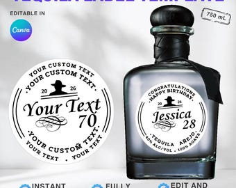Szablon spersonalizowanej etykiety na tequilę: Upominek na przyjęcie urodzinowe, wieczór panieński i wesele, rocznica, drużba, święto (Canva Digital Download) 750 ml