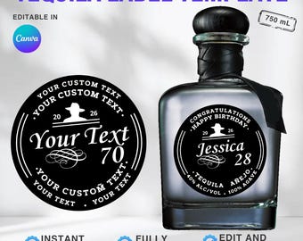 Szablon spersonalizowanej etykiety na tequilę: Upominek na przyjęcie urodzinowe, wieczór panieński i wesele, rocznica, drużba, święto (Canva Digital Download) 750 ml