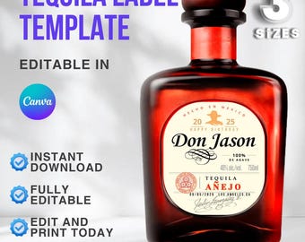 Custom Tequila Label Template: Birthday Party Favor, Bachelorette, Anniversary, Groomsman, Holiday (Canva, Digital Download) 3 SIZES