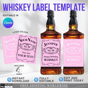 May include: A digital whiskey label template featuring two glass bottles filled with amber liquid. The labels are pink with black or white text, including the name Jennifer, Old No. 28, and Happy Birthday Whiskey. The design includes editable fields.