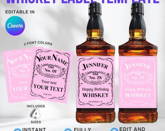 Szablon spersonalizowanej etykiety na whisky: Upominek na przyjęcie urodzinowe, wieczór panieński i ślub, rocznica, zaręczyny, święta (Canva, do pobrania w wersji cyfrowej) 4 rozmiary