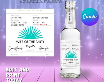 Custom Printable Label - Canva, Tequila Label, Wife of the Party, Bachelorette Party Favor, Birthday Party, DIY Bach, 50ml, 375ml, 750ml