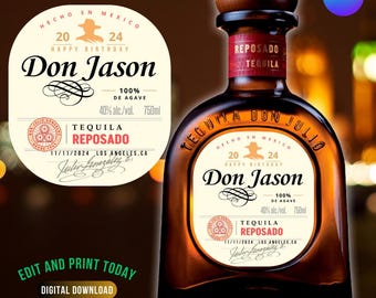 Personalizowana etykieta na tequilę: upominek na przyjęcie urodzinowe (Canva Digital Download)