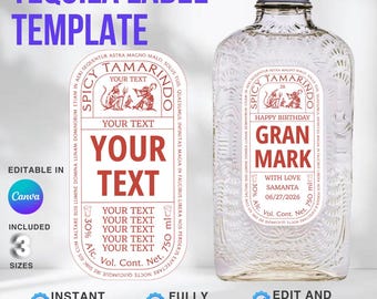 Szablon spersonalizowanej etykiety na tequilę: Upominek na przyjęcie urodzinowe, wieczór panieński i wesele, rocznica, drużba, święto (cyfrowy plik do pobrania Canva) 3 rozmiary