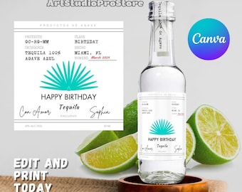 Aangepast afdrukbaar label - Canva, Tequila Label, verjaardagsfeestje, vrouw van de partij, vrijgezellenfeest gunst, DIY Bach, 50ml, 375ml, 750ml