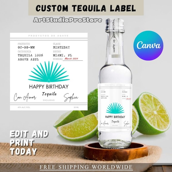 Etiqueta imprimible personalizada - Canva, Etiqueta de tequila, fiesta de cumpleaños, esposa de la fiesta, favor de despedida de soltera, DIY Bach, 50ml, 375ml, 750ml