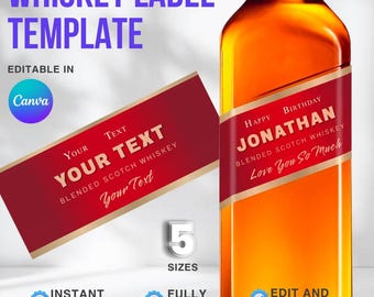 Szablon etykiety na whisky na zamówienie: Upominek na przyjęcie urodzinowe, Wieczór panieński, Rocznica, Drużba, Święto (Canva, Pobieranie cyfrowe) 5 ROZMIARÓW