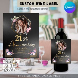 Custom Printable Wine Label Template - Canva, Editable Personalized Birthday Photo Wine Label, Gift Label, 21st Birthday Party Favor