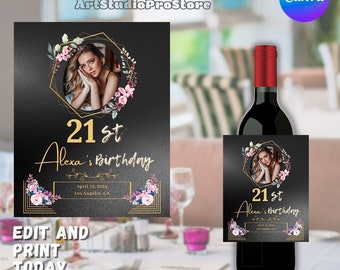 Custom Printable Wine Label Template - Canva, Editable Personalized Birthday Photo Wine Label, Gift Label, 21st Birthday Party Favor