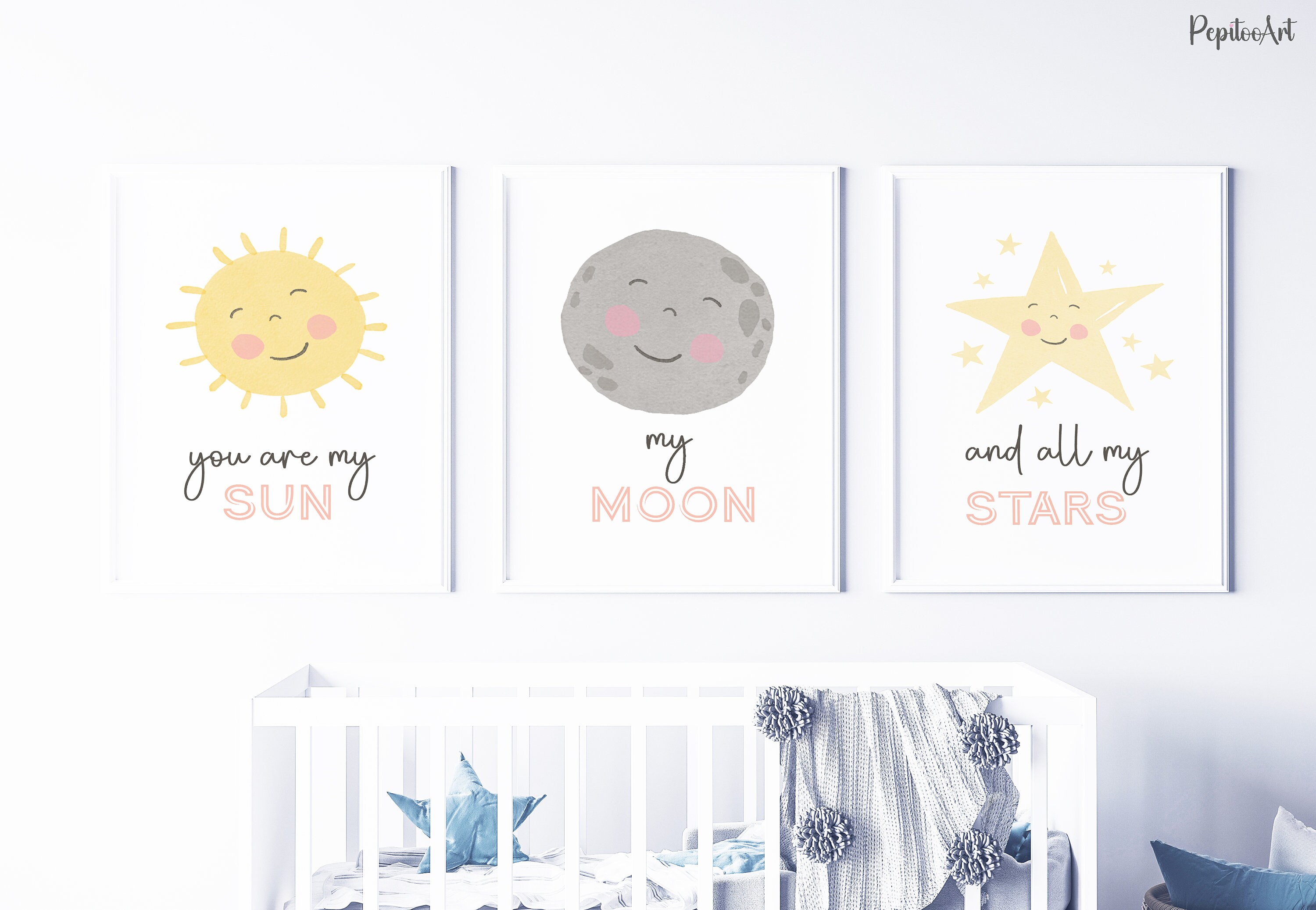 Sun Moon Stars Nursery Wall Art, Watercolor Kids Wall Art Set of 3 ...
