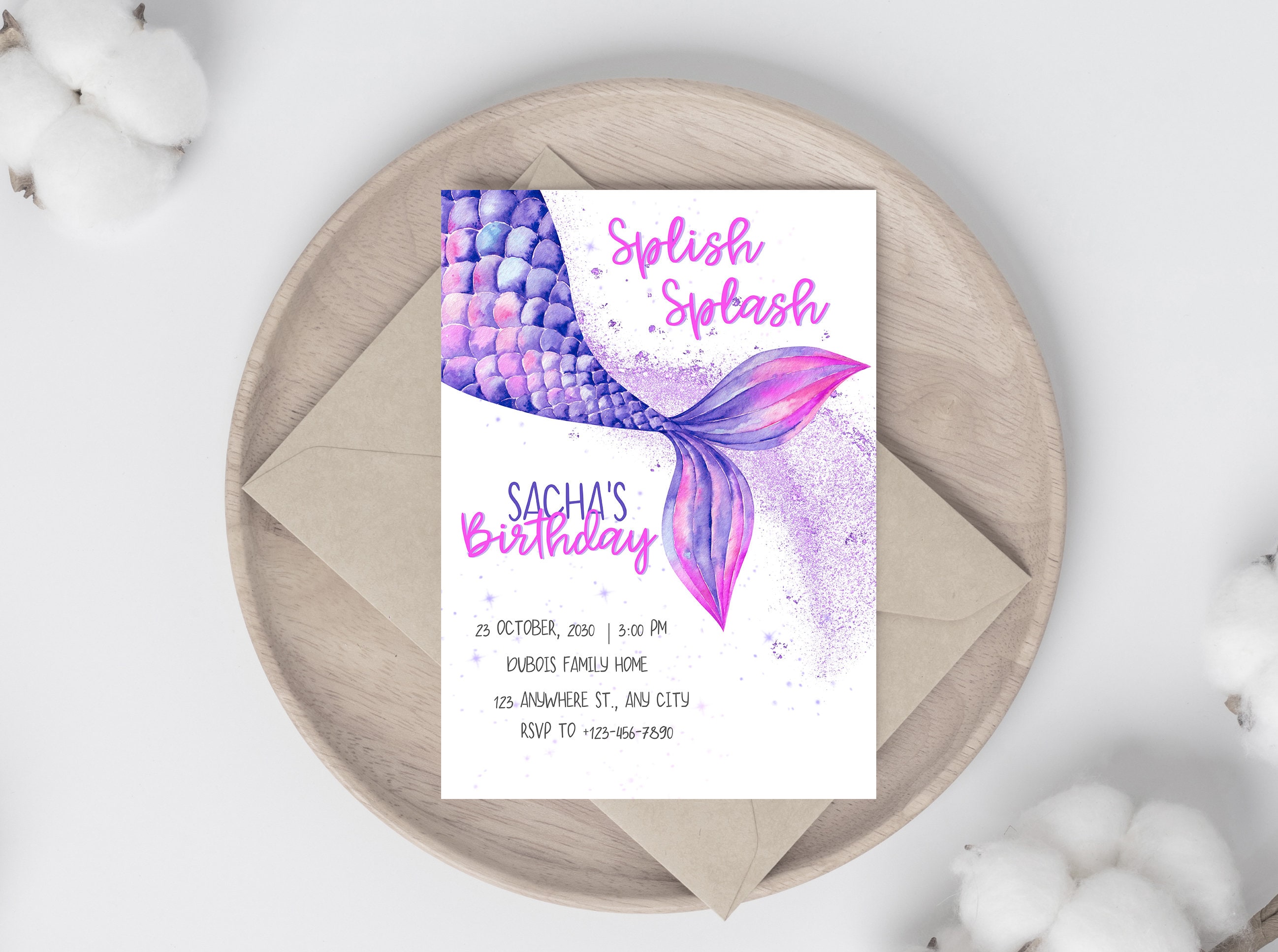 Editable Mermaid Birthday Party Invitation Girl Pink Purple Mermaid Birthday Under the Sea ...