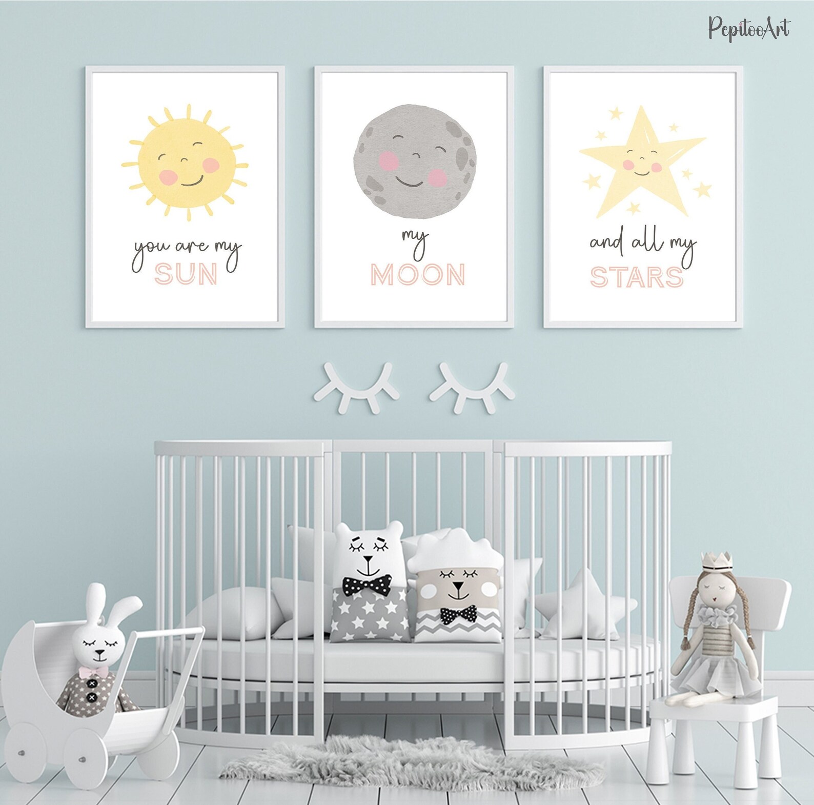 Sun Moon Stars Nursery Wall Art, Watercolor Kids Wall Art Set of 3 ...