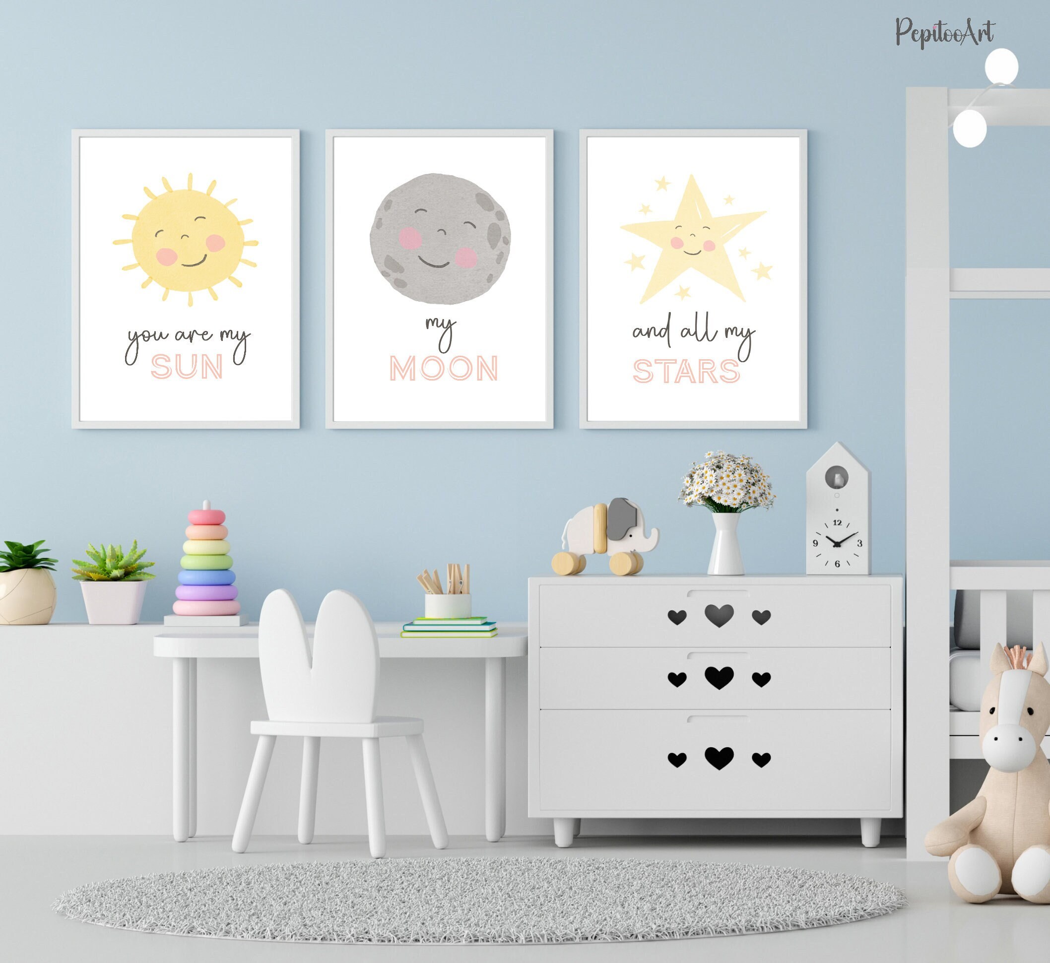 Sun Moon Stars Nursery Wall Art, Watercolor Kids Wall Art Set of 3 ...