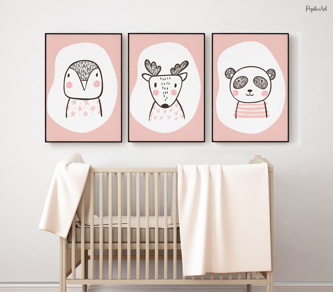 Animal Nursery Prints, Set of 3 Pink Prints,penguin Panda Deer, Cute ...