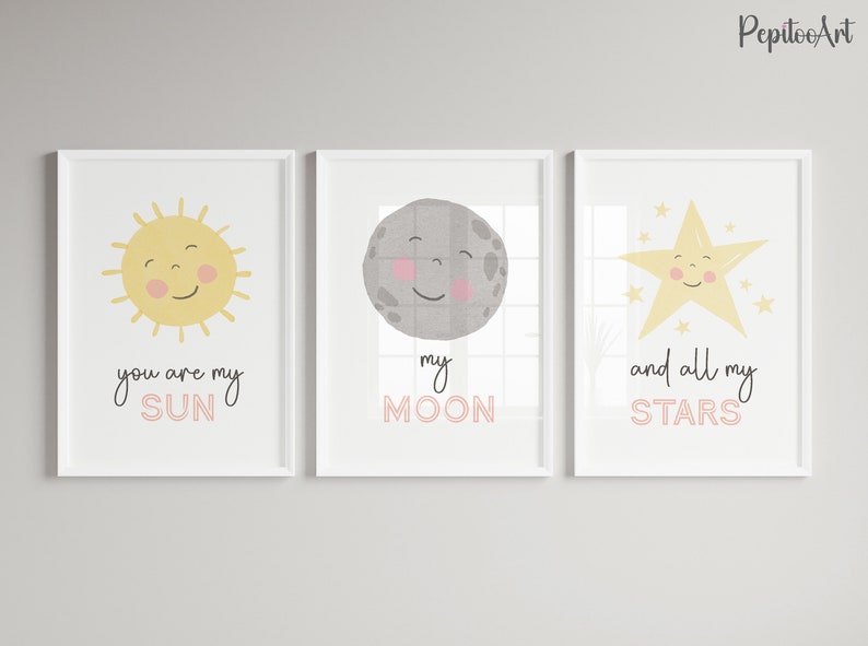 Sun Moon Stars Nursery Wall Art, Watercolor Kids Wall Art Set of 3 ...