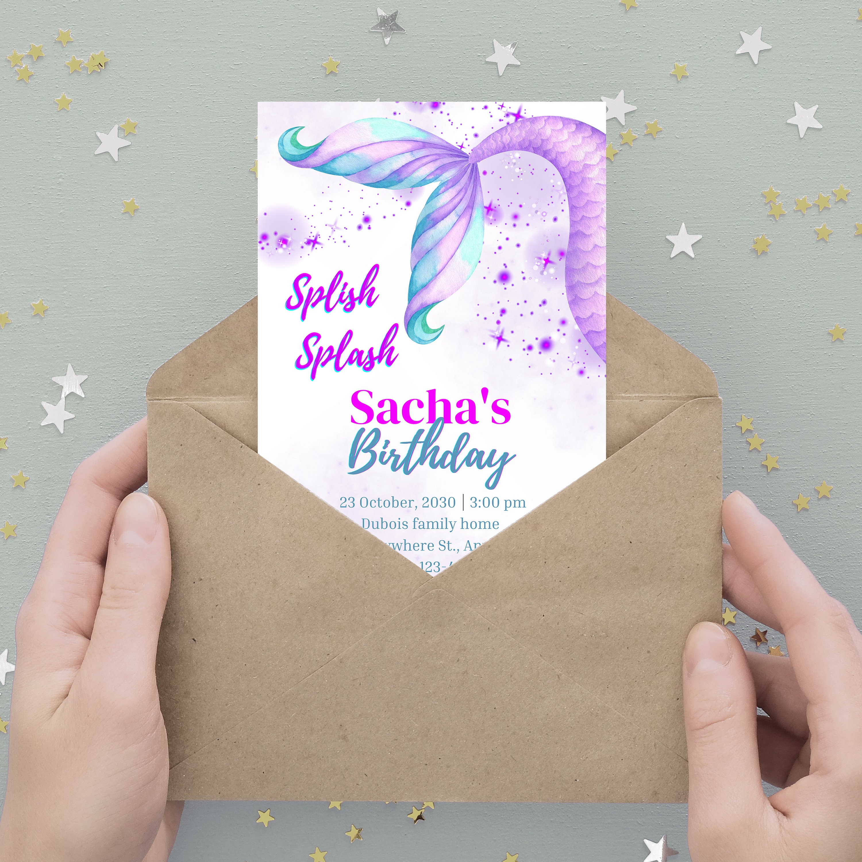 Editable Mermaid Birthday Party Invitation Girl Pink Purple Mermaid Birthday Under the Sea ...