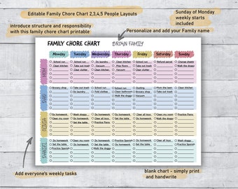 May include: A printable family chore chart with a colorful design. The chart is divided into days of the week and includes a section for each family member. The chart is titled "Family Chore Chart" and includes the text "BROWN FAMILY".