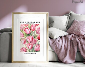 Flower Market Tulip Print, Wildflower Wall Art, Flower Market Poster, Living Room Print, Bedroom Wall Decor, Amsterdam watercolor Wall Art