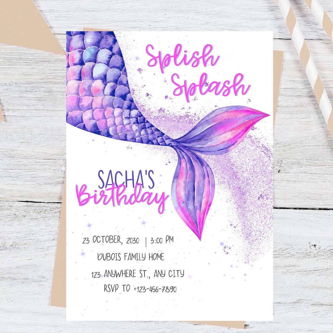 Editable Mermaid Birthday Party Invitation Girl Pink Purple Mermaid ...