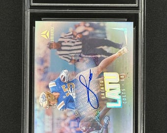 May include: A graded trading card of Laiatu Latu, a football player for the Indianapolis Colts. The card is a 2024 Luminance card, numbered 227/350, and is autographed by Latu. The card is graded Gem Mint 10.