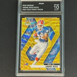 May include: A gold-coloured Andre Reed football card from the 2025 Mosaic series, graded GEM MINT 10. The card features a player in a blue and white uniform, with the text "ANDRE REED" and "BILLS #83". The card is encased in a protective holder.