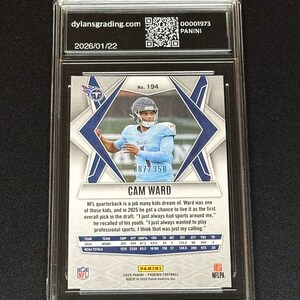 May include: A graded Panini football card featuring Cam Ward in a light blue uniform. The card is encased in a protective holder with the dylansgrading.com logo and a QR code. The card's back includes player stats.