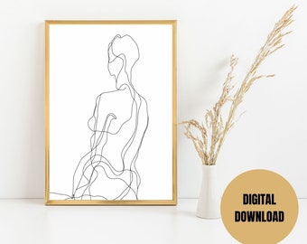 Impresión de arte de dibujo de línea de mujer, decoración femenina de la pared de una línea del hogar, cartel minimalista de impresión del cuerpo femenino, arte moderno de la línea del cuerpo, descarga digital