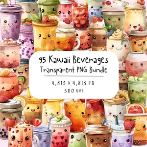 Kawaii Drinks Clipart Bundle | Bubble Tea Clipart Set of 95 | Kawaii Food Clipart | Instant Download | Cute Watercolor Kawaii Sticker Sheet