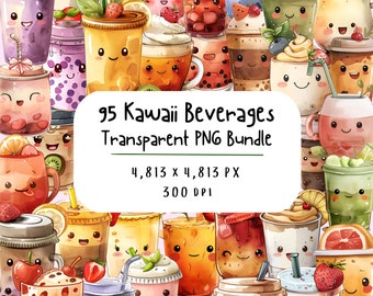 Kawaii Drinks Clipart Bundle | Bubble Tea Clipart Set of 95 | Kawaii Food Clipart | Instant Download | Cute Watercolor Kawaii Sticker Sheet