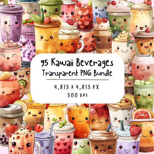 Kawaii Getränke Clipart Bundle | Bubble Tea Clipart Set von 95 | Kawaii Essen Clipart | Sofortdownload | Süßer Aquarell Kawaii Sticker Bogen