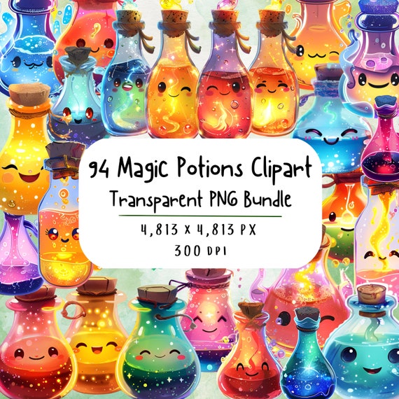 Magic Potion Clipart Bundle of 94, Cute Potion Bottle PNG Bundle, Witch Clipart, Cute Halloween Clipart Bundle, Fairy Potions, Magic Clipart