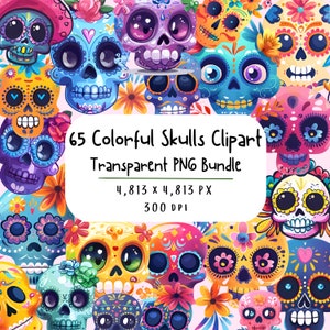 Sugar Skull Clipart Bundle of 65, Mexican Skulls Clipart, Sugar Skull PNG, Transparent PNG, Day of The Dead Skull Vector, Dia de los Muertos
