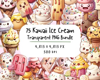 Kawaii Dessert Clipart Bundle of 75 PNG | Kawaii Cute Food | IceCream Clipart | Ice Cream Png | Popsicles Clipart | Summer Sweets Clipart