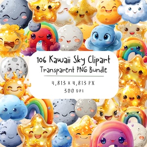 Kawaii Wetter Clipart, süßes Wetter Clipart Bundle von 106 PNG-Dateien, süße Wolke Himmel Sonne Stern Mond Regenbogen Clip Art, Kawaii Wetter PNG Set