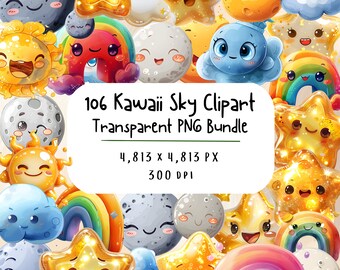 Kawaii Pogoda Clipart, Uroczy Pakiet Pogodowy Clipart 106 Plików PNG, Uroczy Chmura Niebo Słońce Gwiazda Księżyc Tęcza Clip Art, Kawaii Pogoda PNG Zestaw