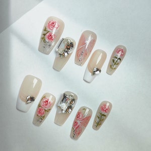 Spring Blossom Elegance-Reusable Clear Rose Blossoms Gemstone Hand made Press on Nails Long Coffin Nails Gel Manicure Fake Nails Durable