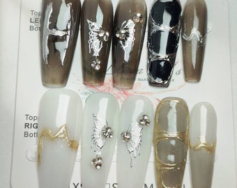 Enchanted Butterfly-3D butterfly Gem Long Coffin Nails y2k Nails Reusable White Gray Trendy Nails Hand made Press on Nails Chic Nails