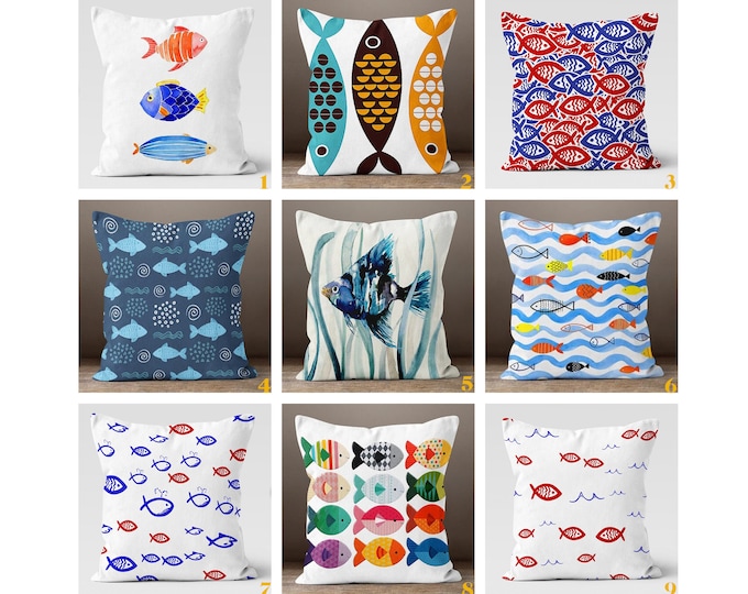 Fish Themed Pillow Cover, Nautical Outdoor Pillow Case, Decorative Pillows, Fish Restaurant Pillow, Pillow for Beach House, Nautical Pillow