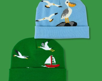 Seaside Birds – Seagulls & Pelican Knit Beanie Hat - Made in the USA