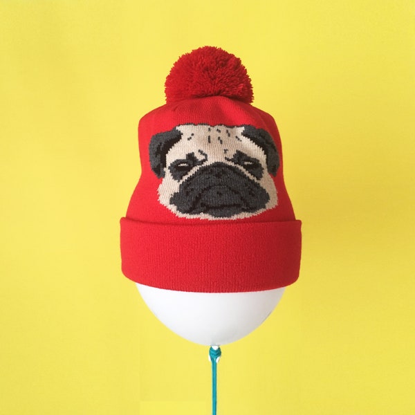 Pug Dog Knit Beanie Ski Hat - Custom Personalized Colors