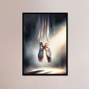 A premium watercolor print showcasing Ballet Pointe Shoes. The artwork is an artistic piece with nuanced shadows and highlights is an ideal accent for bedroom decor, crafted for ballet lovers and art aficionados alike.