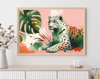 Impression aquarelle léopard bohème - Thème de la jungle tropicale - Poster mat premium 200 g/m²/80 livres