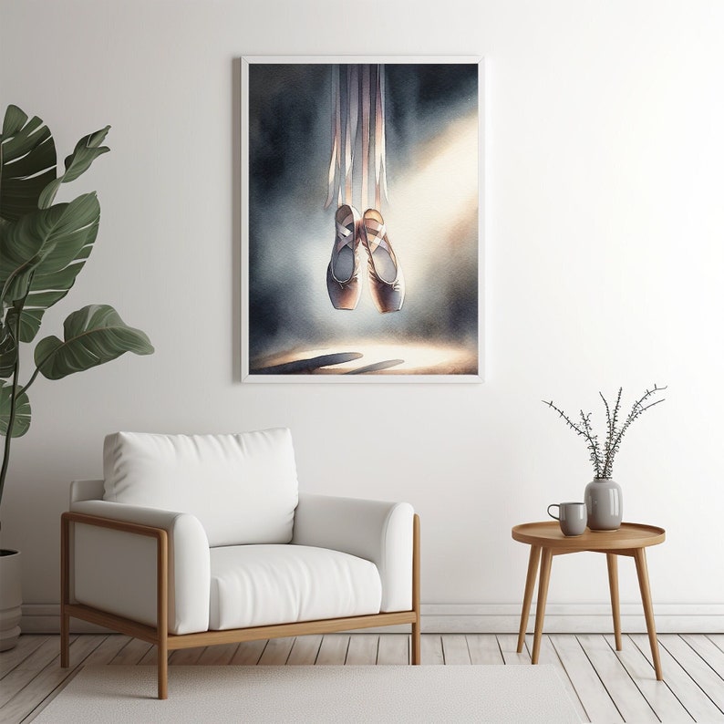 A high quality watercolor print showing a pair of Ballet Pointe Dancing Shoes.