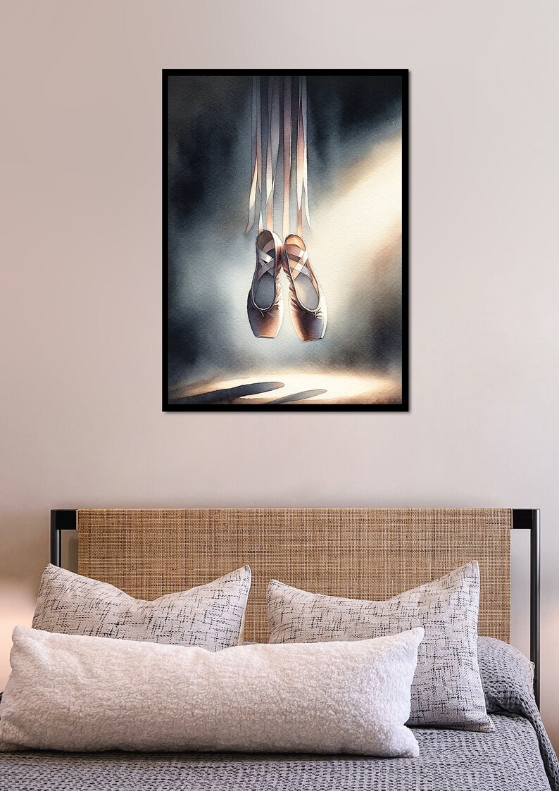 A premium watercolor print showcasing Ballet Pointe Shoes. The artwork is an artistic piece with nuanced shadows and highlights is an ideal accent for bedroom decor, crafted for ballet lovers and art aficionados alike.