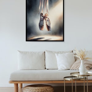 A premium watercolor print showcasing Ballet Pointe Shoes. The artwork is an artistic piece with nuanced shadows and highlights is an ideal accent for bedroom decor, crafted for ballet lovers and art aficionados alike.