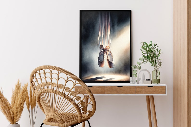 A premium watercolor print showcasing Ballet Pointe Shoes. The artwork is an artistic piece with nuanced shadows and highlights is an ideal accent for bedroom decor, crafted for ballet lovers and art aficionados alike.